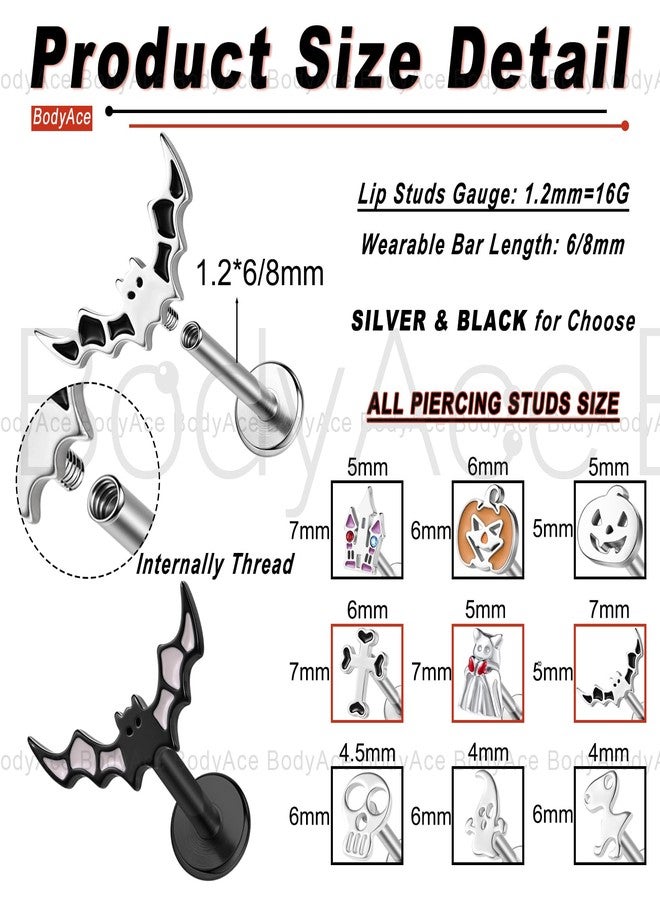 BodyAce Halloween Lip Rings 16G Flat Back Earrings Pumpkin Helix Cartilage Earring Black Skull Tragus Piercing Ghost Lip Studs halloween Labret Jewelry [BL:6mm;Black] - Image 2